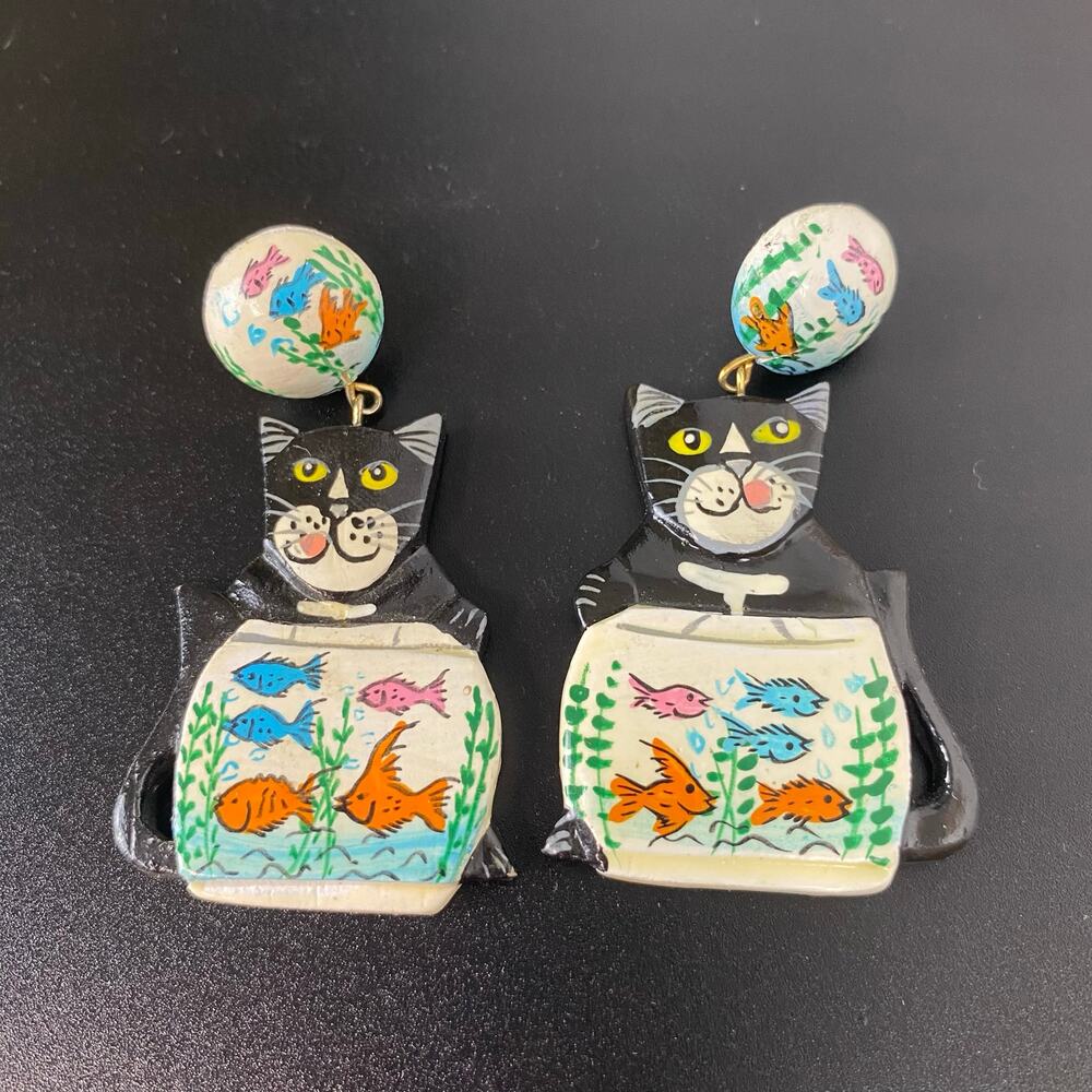 Vintage Hand Painted Black Cat Fishbowl Dangle Drop Earrings Quirky Kitsch